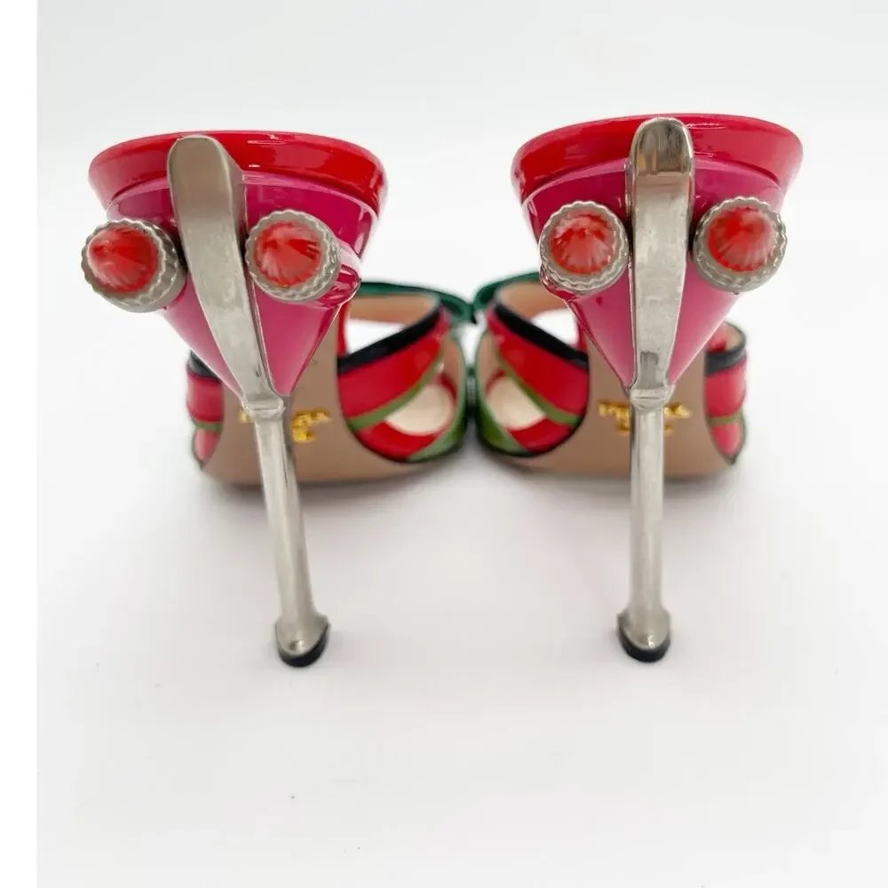 Prada S/S 2012 Runway Red Patent Hot Rod Rocket Tail Light Mule Sandals IT 36.5